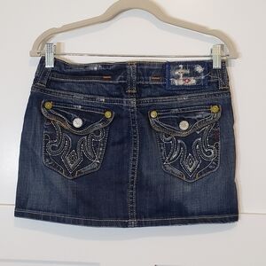 MEK Denim USA Mini Skirt Blue Jean Button Flap Pockets Stretch Size 27